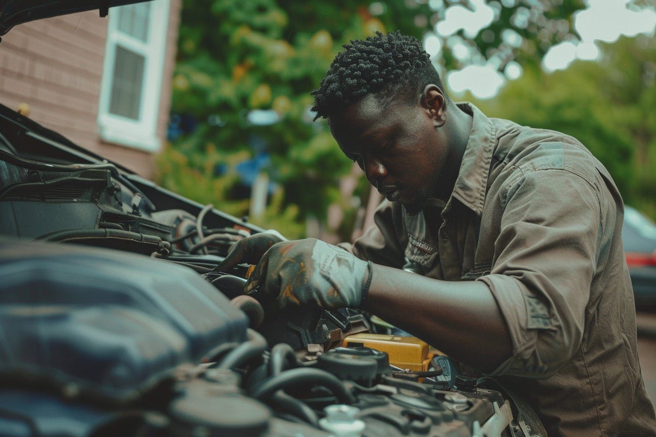 Mobile Mechanic working on a car next to a home 